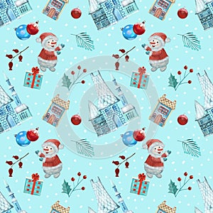 Christmas digital paper, New Year pattern with cartoon snowmen, ice palace, gifts and balls on a light blue background